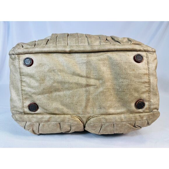 MZ Wallace Jane Glazed Linen Beige Satchel Leather Handles Pockets Large Capac - Picture 4 of 11